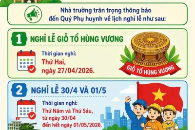 📢 THÔNG BÁO NGHỈ LỄ Trường Mầm non Đức Hiệp trân trọng thông báo đến Quý phụ huynh lịch nghỉ các ngày lễ như sau: 🌸 Giỗ Tổ Hùng Vương Thời gian nghỉ: Thứ Hai, ngày 27/4/2026 🎉 Ngày Giải phóng miền Nam (30/4) và Quốc tế Lao động (1/5) Thời gian nghỉ: Thứ Năm và Thứ Sáu (ngày 30/4 – 01/5/2026) 📌 Lưu ý: Trẻ sẽ đi học trở lại theo lịch học bình thường sau kỳ nghỉ. Kính mong Quý phụ huynh phối hợp quản lý, chăm sóc trẻ trong thời gian nghỉ lễ. 💐 Kính chúc Quý phụ huynh và các bé có một kỳ nghỉ lễ vui vẻ, an toàn và ý nghĩa! Trân trọng!