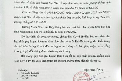 Thông báo về việc học sinh đi học trở lại sau thời gian nghỉ phòng, chống dịch Covid-19.