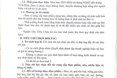 Thông báo mời các đơn vị cung cấp thực phẩm, sữa, nhiên liệu (gas) và đồ dùng vệ sinh năm học 2025-2026