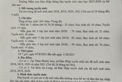 Thông báo tuyển sinh năm học 2023-2024 trường mầm non Đức Hiệp