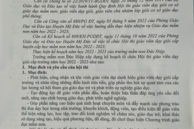 Kế hoạch tổ chức Hội thi “Giáo viên dạy giỏi cấp trường” Năm học 2022-2023.